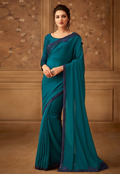 Blue silk embroidered festival wear saree  505